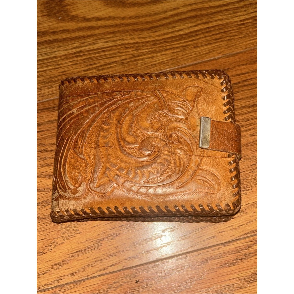 Vintage Tooled Leather Brown WhipStitch Southwestern Wallet Bifold Western